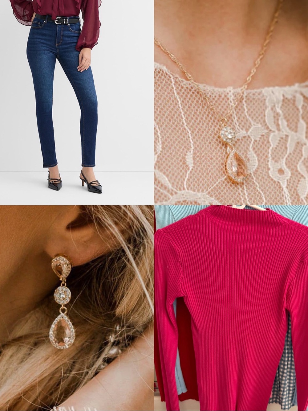 Women's Pink Turtleneck Sweater & Loft Jeans morganite drop earrings & necklace